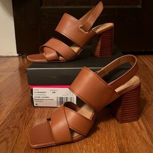 Vince Camuto Bebendy burnished leather sandals in warm caramel color.